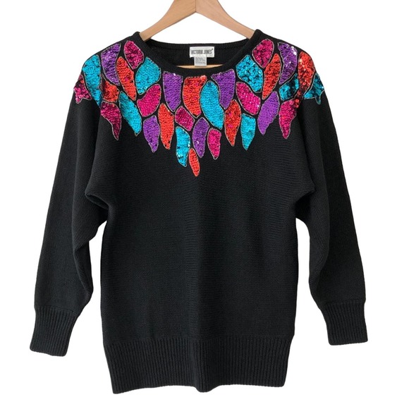 Vintage Rainbow Sequin Sweater Black Knit Bejeweled Feather Print Women's Large - Picture 1 of 6